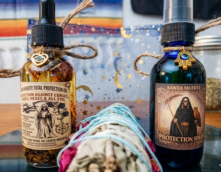 Santa Muerte Total Protection Bundle | Oil + Spray + Rose Bud Sage Smudge Stick