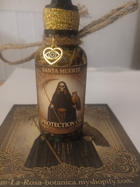 Santa Muerte Protection Oil with Crystals & Herbs | Spiritual Protection Oil | Anointing Oil | Ritual Oil | Spell Work Oil