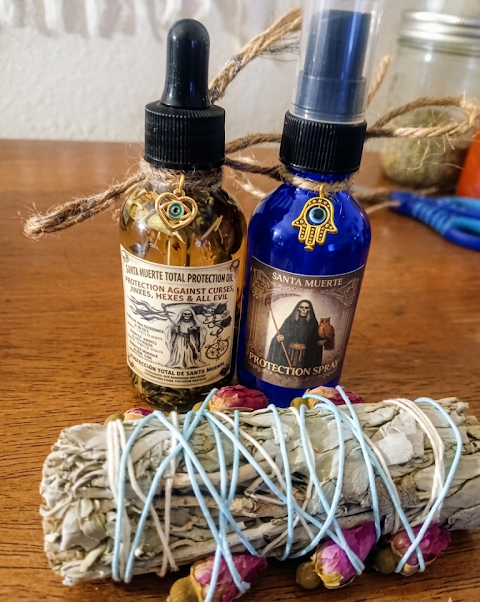 Santa Muerte Total Protection Bundle | Oil + Spray + Rose Bud Sage Smudge Stick