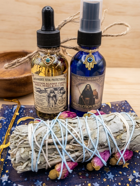 Santa Muerte Total Protection Bundle | Oil + Spray + Rose Bud Sage Smudge Stick