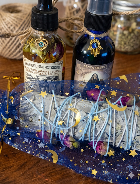 Santa Muerte Total Protection Bundle | Oil + Spray + Rose Bud Sage Smudge Stick