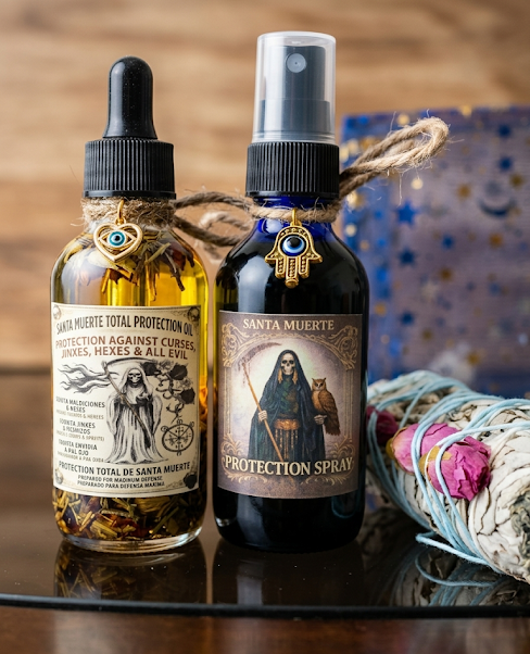 Santa Muerte Total Protection Bundle | Oil + Spray + Rose Bud Sage Smudge Stick