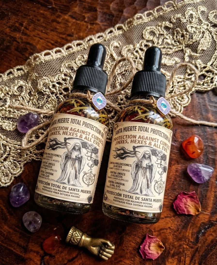 Santa Muerte Protection Oil with Crystals & Herbs | Spiritual Protection Oil | Anointing Oil | Ritual Oil | Spell Work Oil