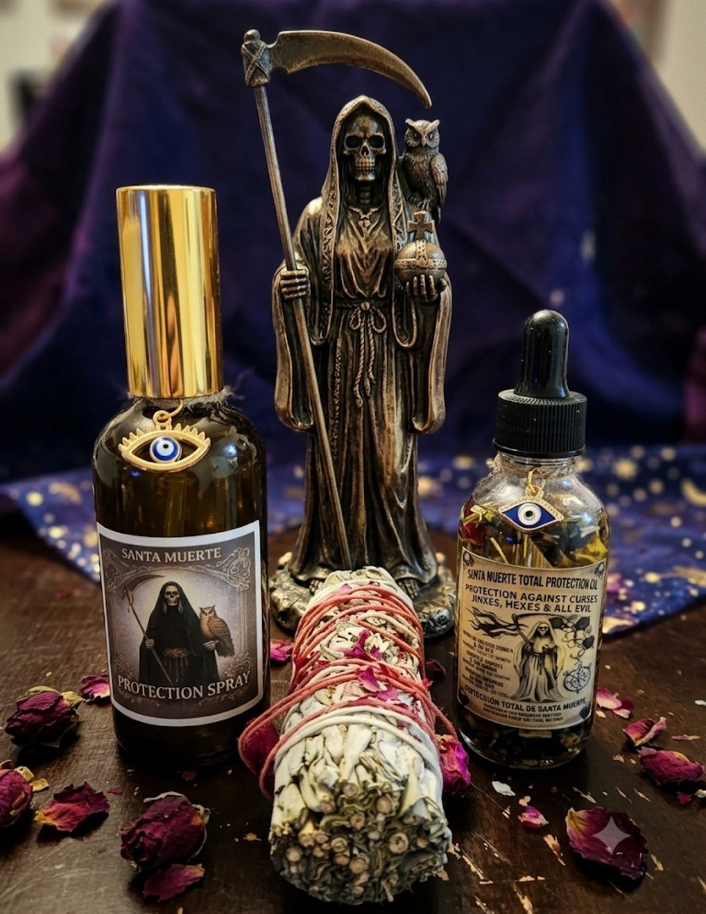 Santa Muerte Total Protection Bundle | Oil + Spray + Rose Bud Sage Smudge Stick