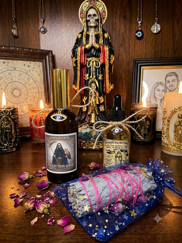 Santa Muerte Total Protection Bundle | Oil + Spray + Rose Bud Sage Smudge Stick