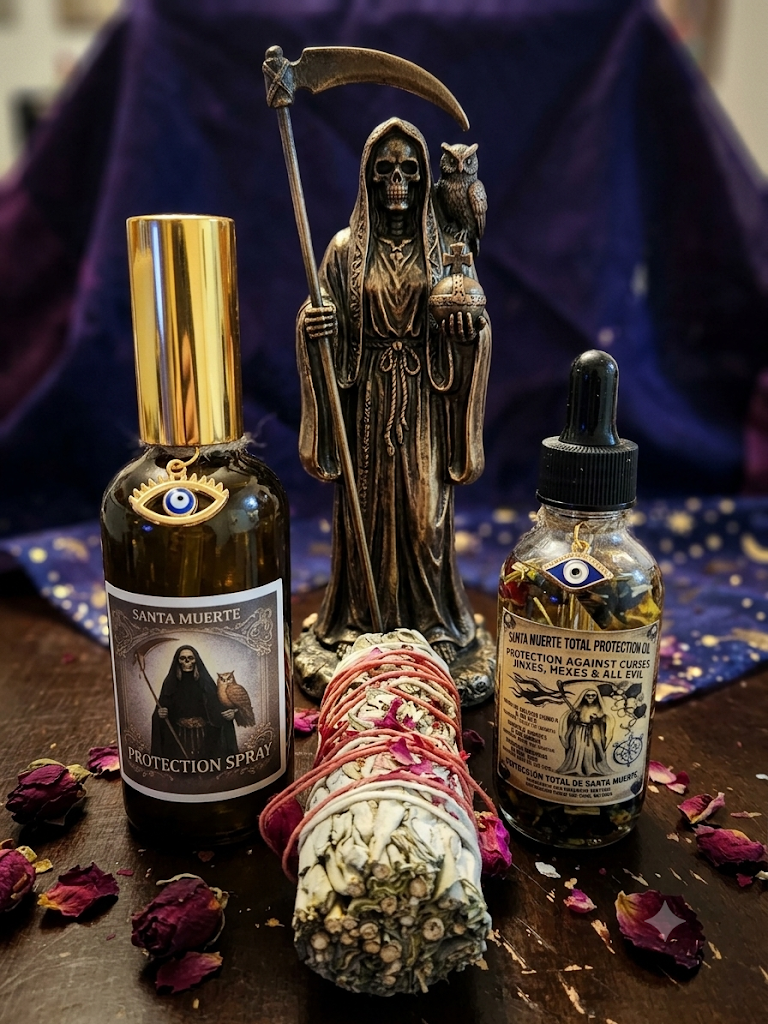 Santa Muerte Total Protection Bundle | Oil + Spray + Rose Bud Sage Smudge Stick