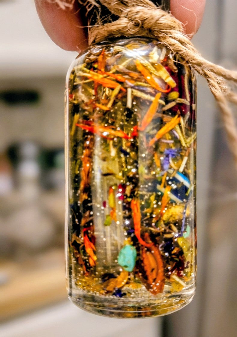 Santa Muerte Protection Oil with Crystals & Herbs | Spiritual Protection Oil | Anointing Oil | Ritual Oil | Spell Work Oil