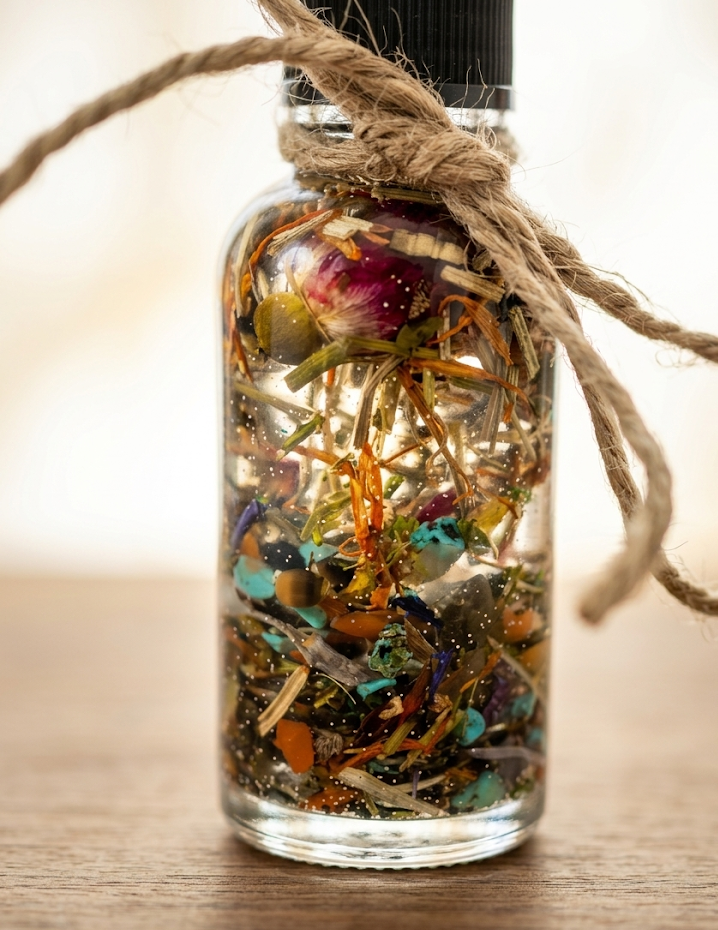 Santa Muerte Protection Oil with Crystals & Herbs | Spiritual Protection Oil | Anointing Oil | Ritual Oil | Spell Work Oil