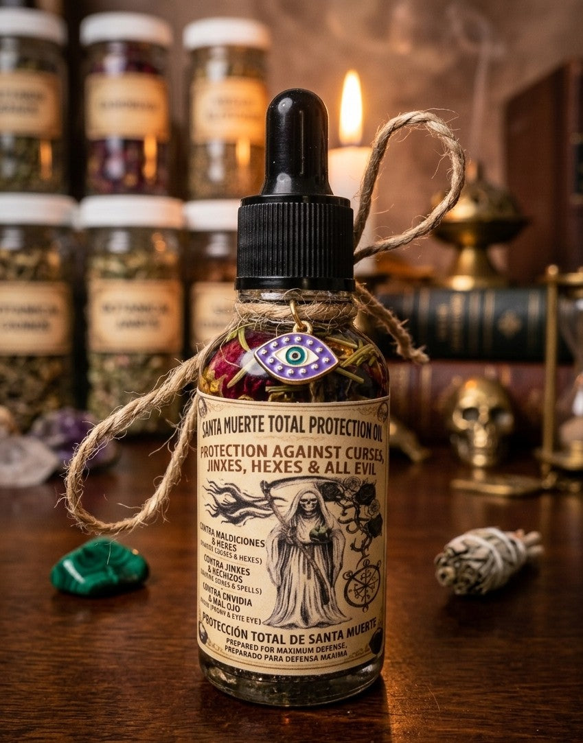 Santa Muerte Protection Oil with Crystals & Herbs | Spiritual Protection Oil | Anointing Oil | Ritual Oil | Spell Work Oil