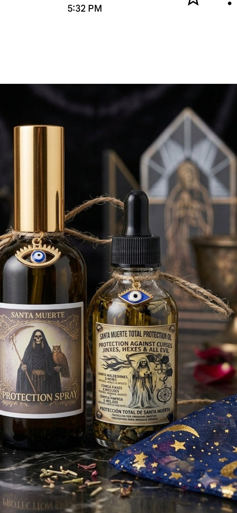 Santa Muerte Total Protection Bundle | Oil + Spray + Rose Bud Sage Smudge Stick