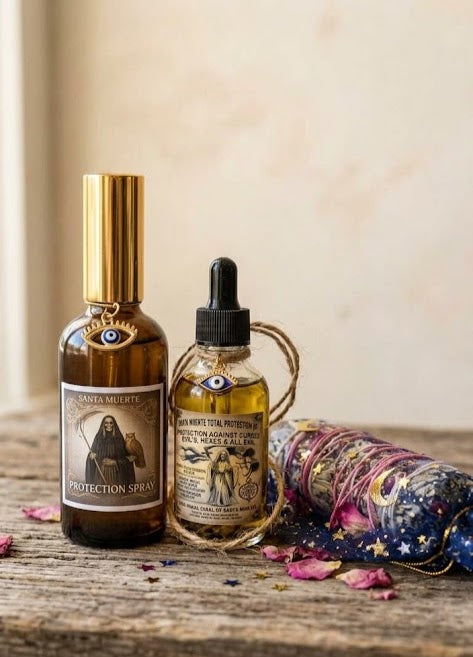Santa Muerte Total Protection Bundle | Oil + Spray + Rose Bud Sage Smudge Stick