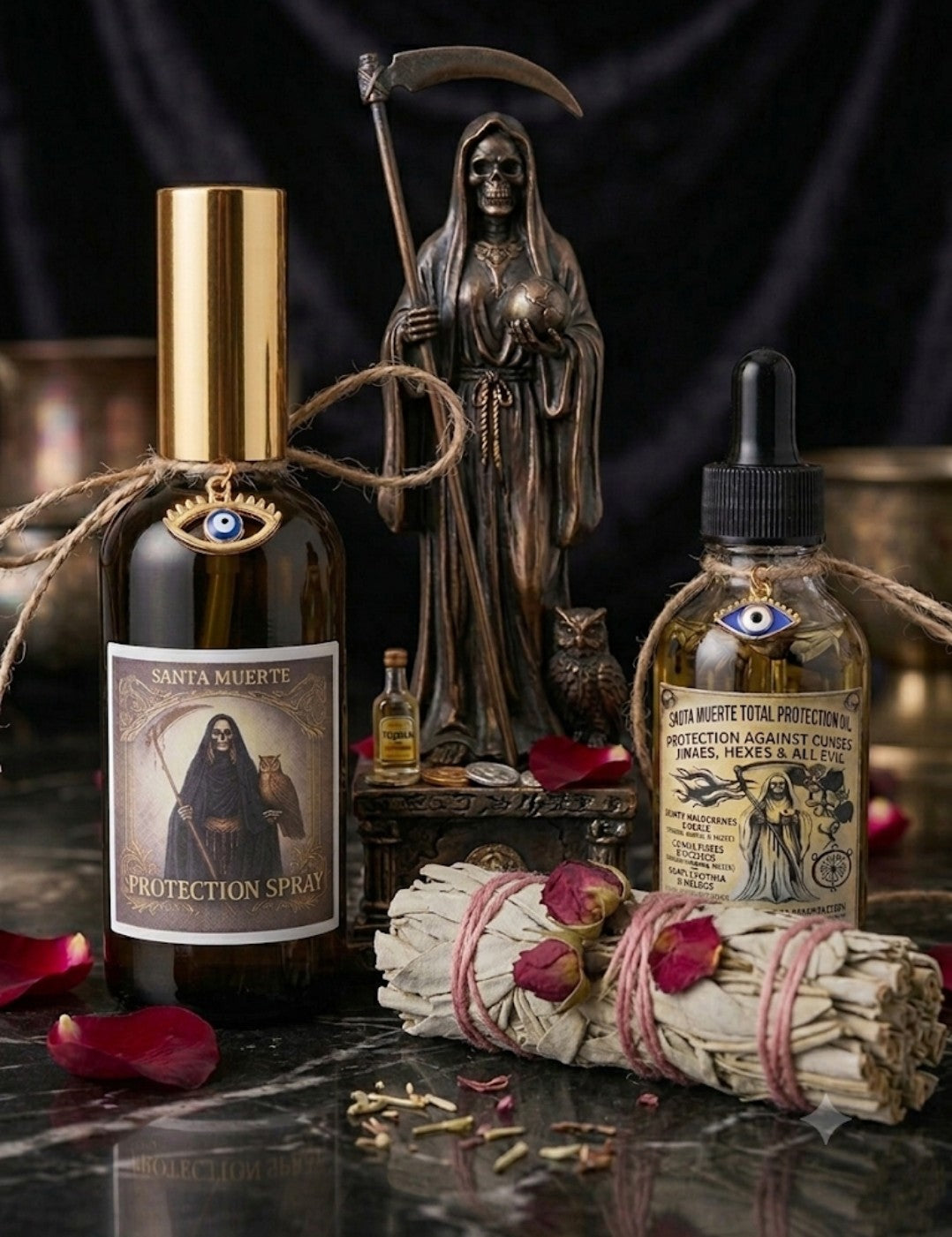 Santa Muerte Total Protection Bundle | Oil + Spray + Rose Bud Sage Smudge Stick