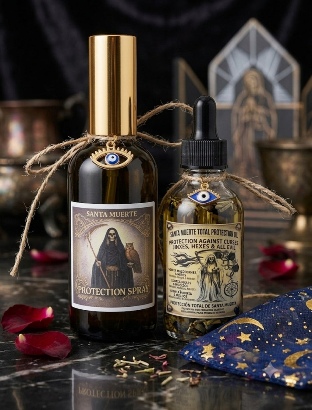 Santa Muerte Total Protection Bundle | Oil + Spray + Rose Bud Sage Smudge Stick