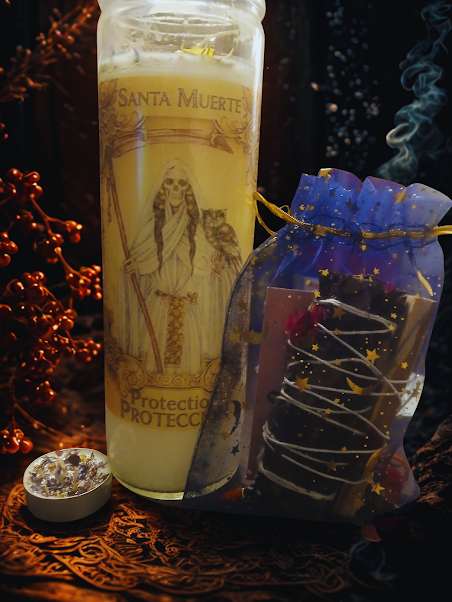 Santa Muerte Ritual Bundle | Purification & Abundance | La Blanca Candle, Smudge Stick & Palo Santo | Spiritual Gift Set