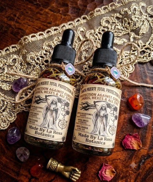 Santa Muerte Protection Oil with Crystals & Herbs | Spiritual Protection Oil | Anointing Oil | Ritual Oil | Spell Work Oil