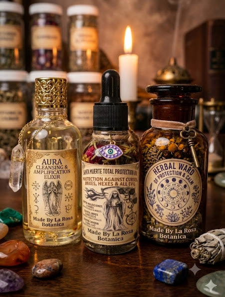 Santa Muerte Protection Oil with Crystals & Herbs | Spiritual Protection Oil | Anointing Oil | Ritual Oil | Spell Work Oil